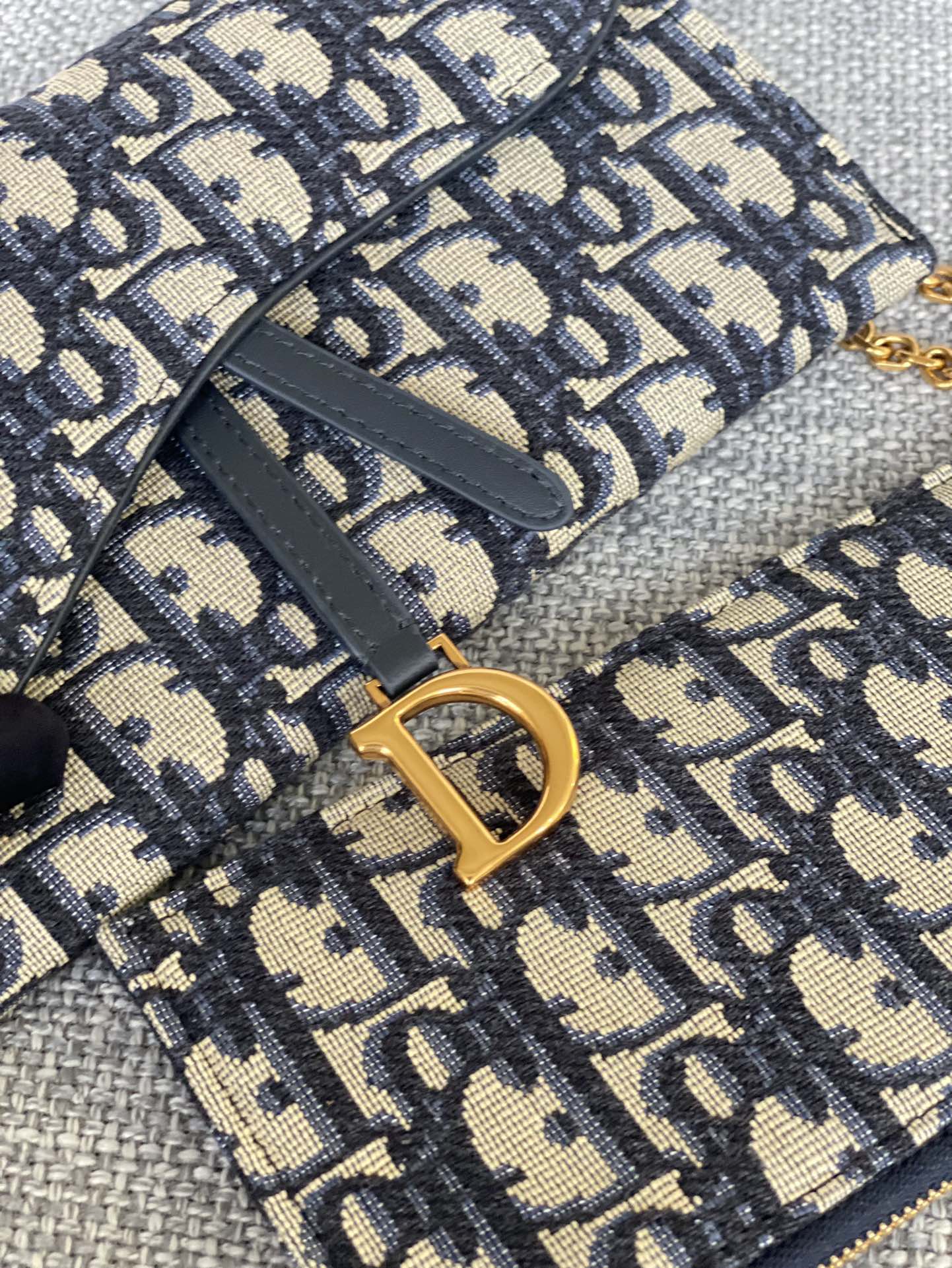 Christian Dior Blue Oblique Jacquard Pouch with Gold Chain Strap and Packaging