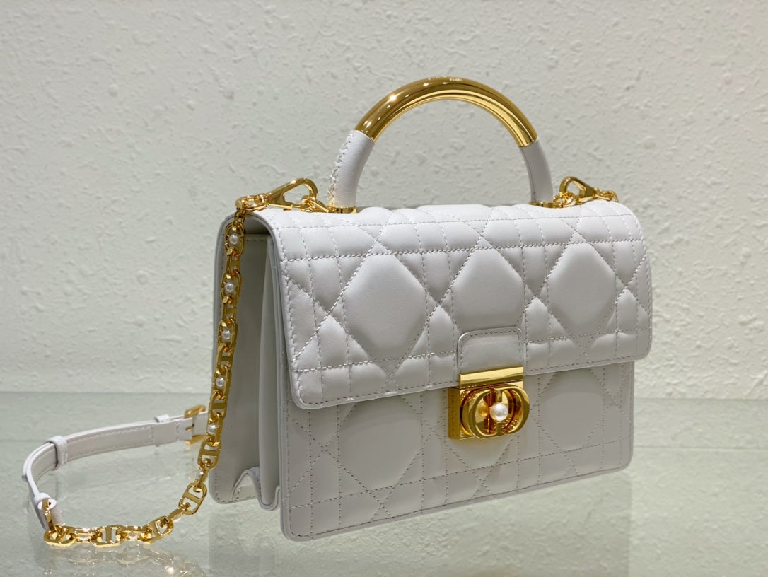 Dior Quilted White Leather Shoulder Bag with Gold Handle and Chain