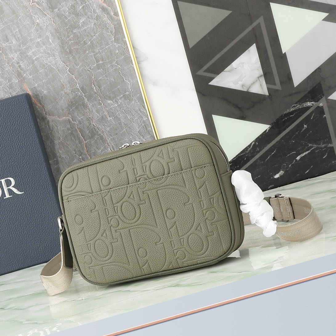 Dior Olive Green Embossed Crossbody Messenger Bag with Wide Canvas Strap