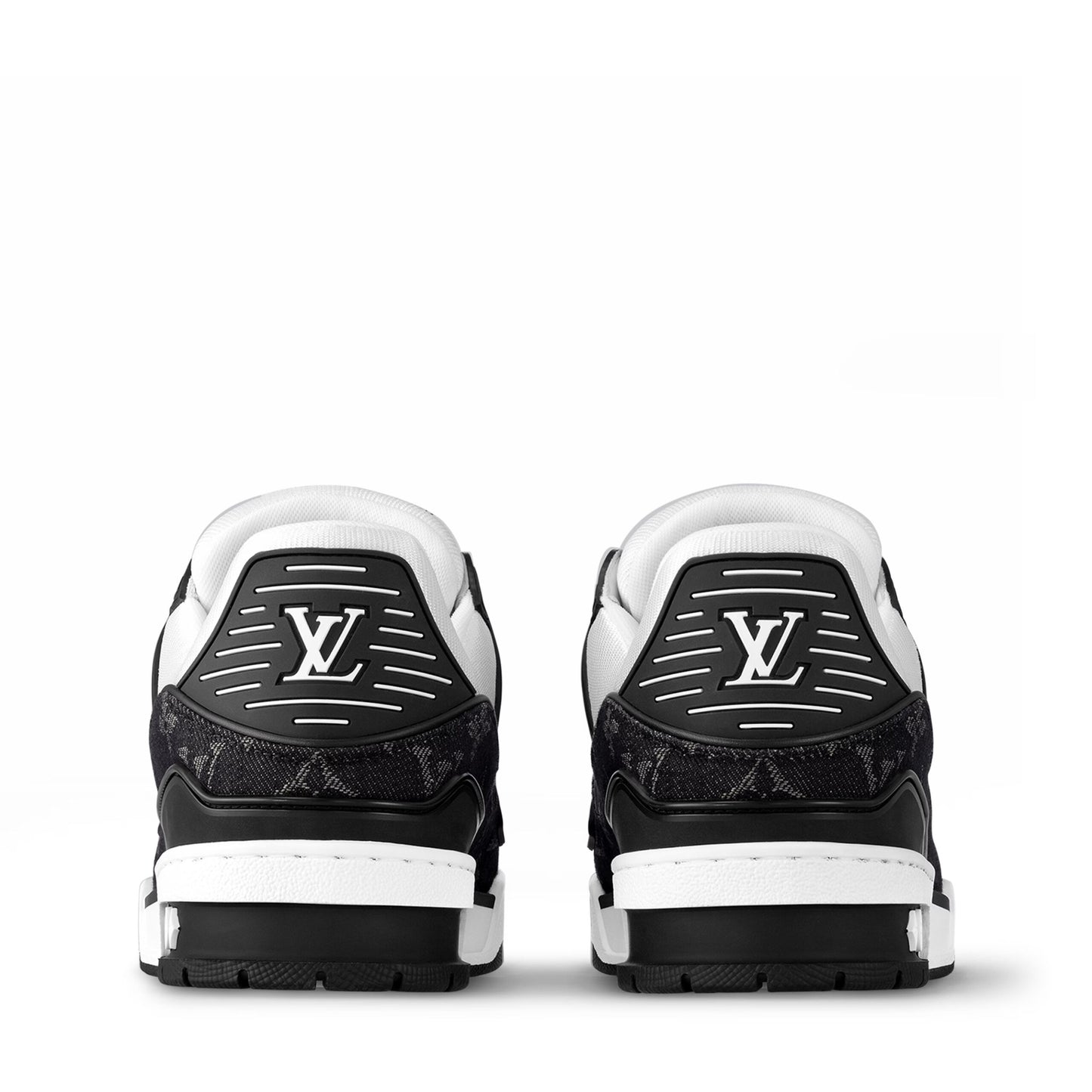 Louis Vuitton LV Trainer Maxi sneaker in black and white monogram denim and leather.
