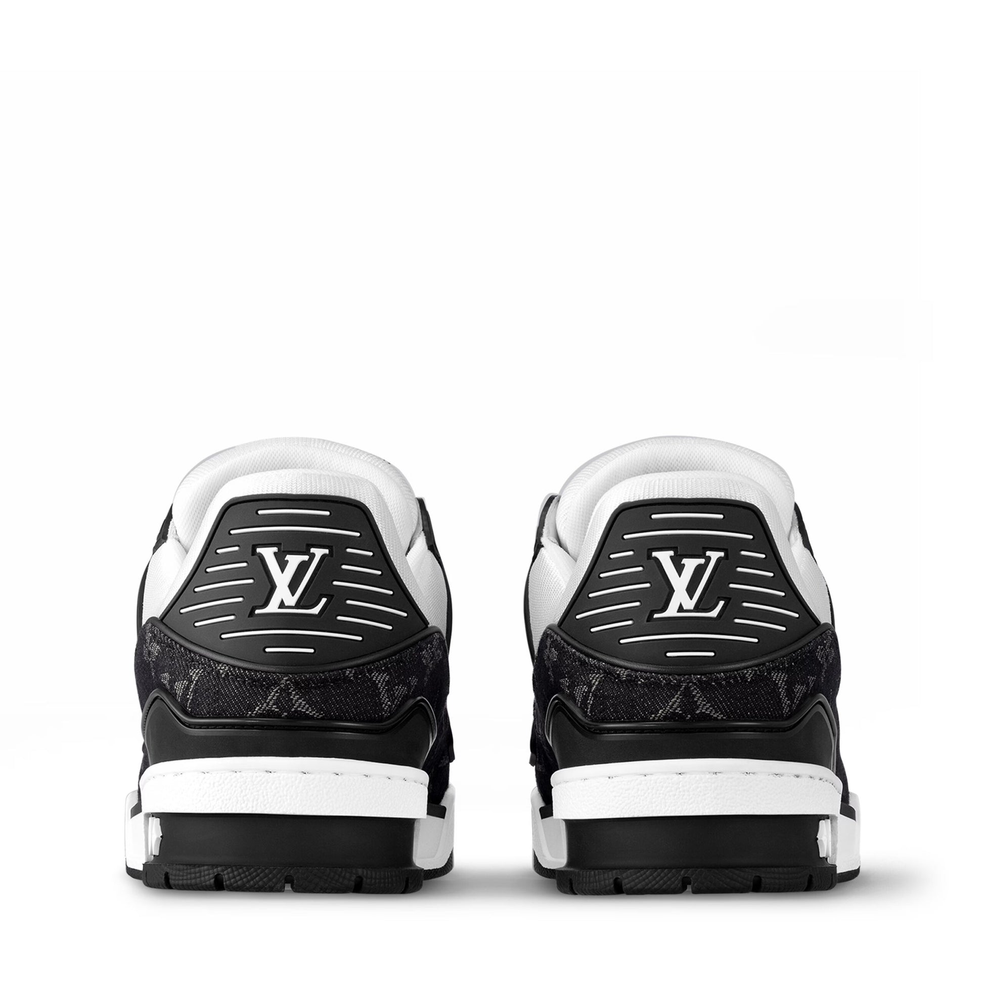 Louis Vuitton LV Trainer Maxi sneaker in black and white monogram denim and leather.