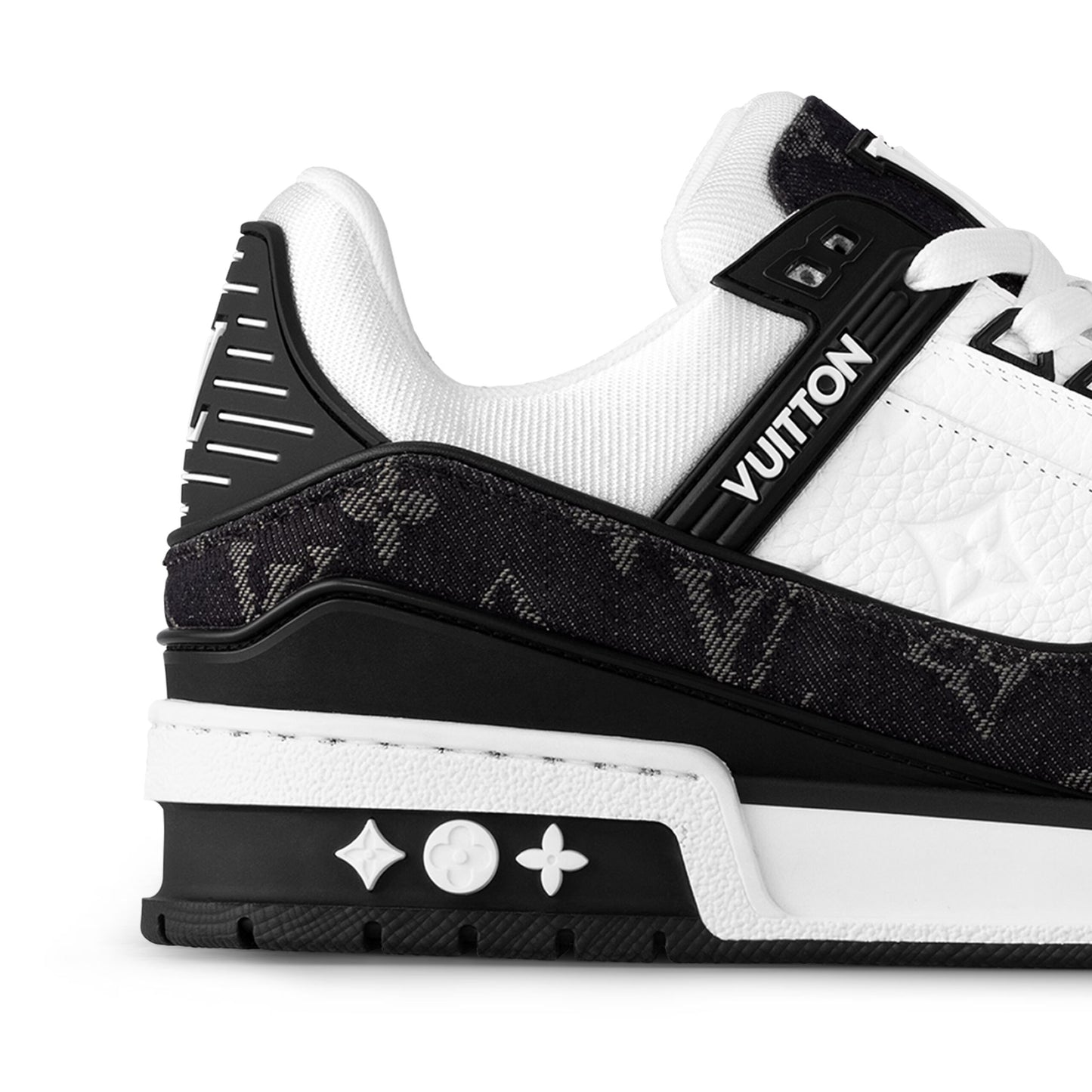 Louis Vuitton LV Trainer Maxi sneaker in black and white monogram denim and leather.