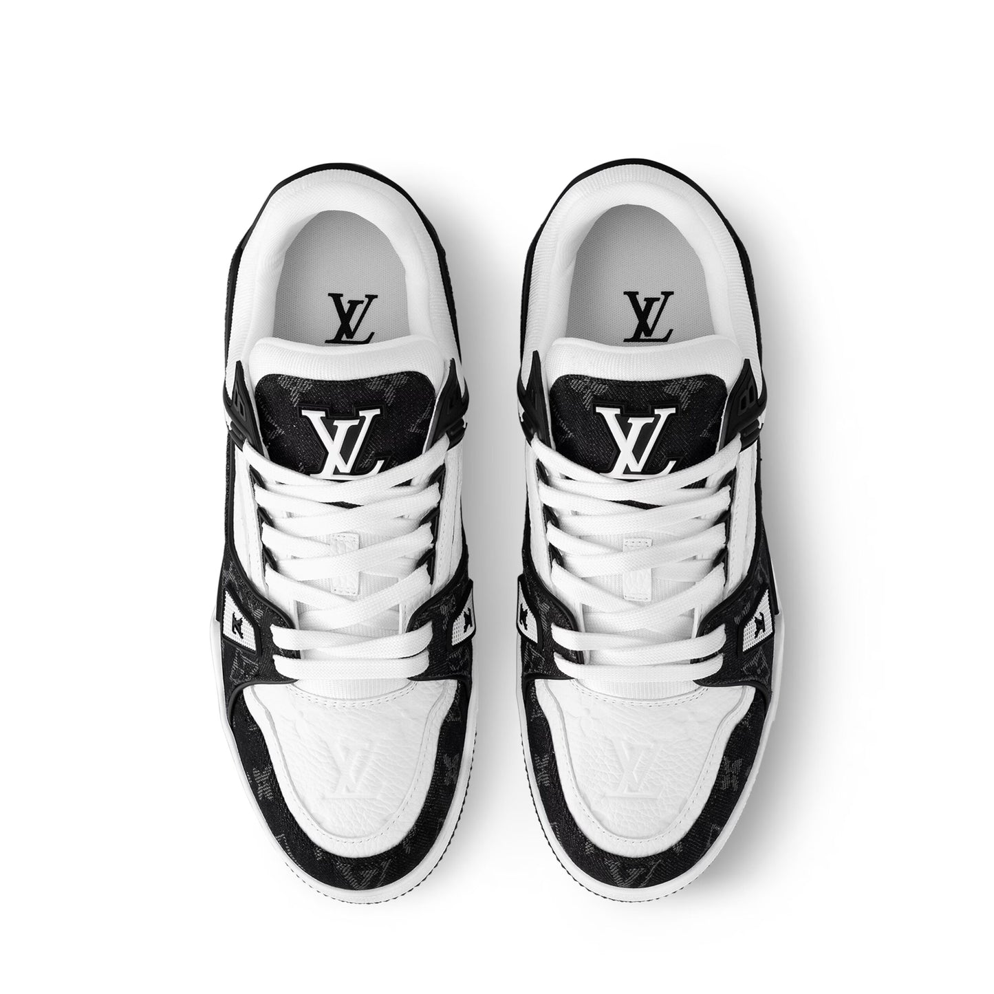 Louis Vuitton LV Trainer Maxi sneaker in black and white monogram denim and leather.