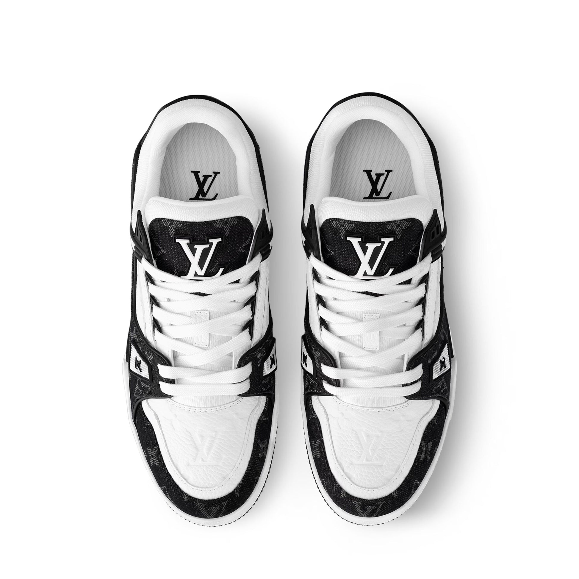 Louis Vuitton LV Trainer Maxi sneaker in black and white monogram denim and leather.