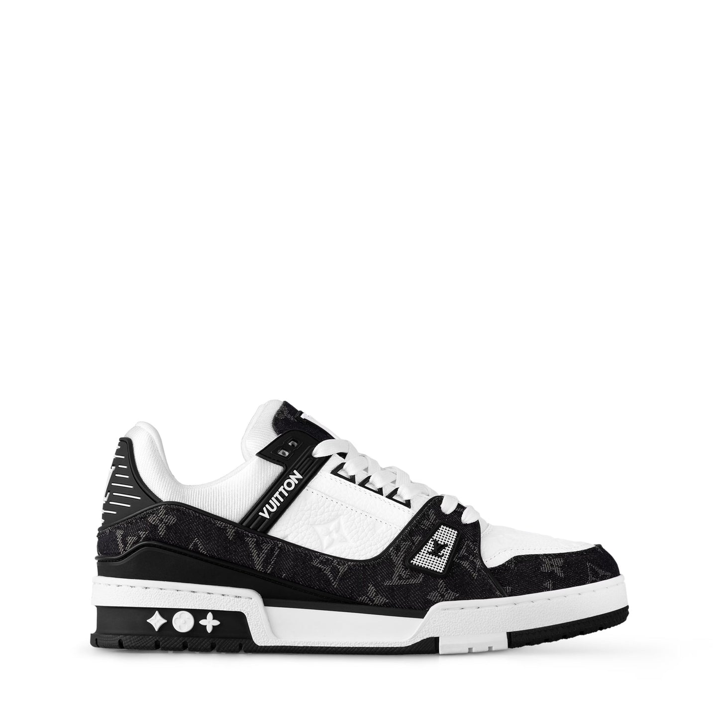 Louis Vuitton LV Trainer Maxi sneaker in black and white monogram denim and leather.
