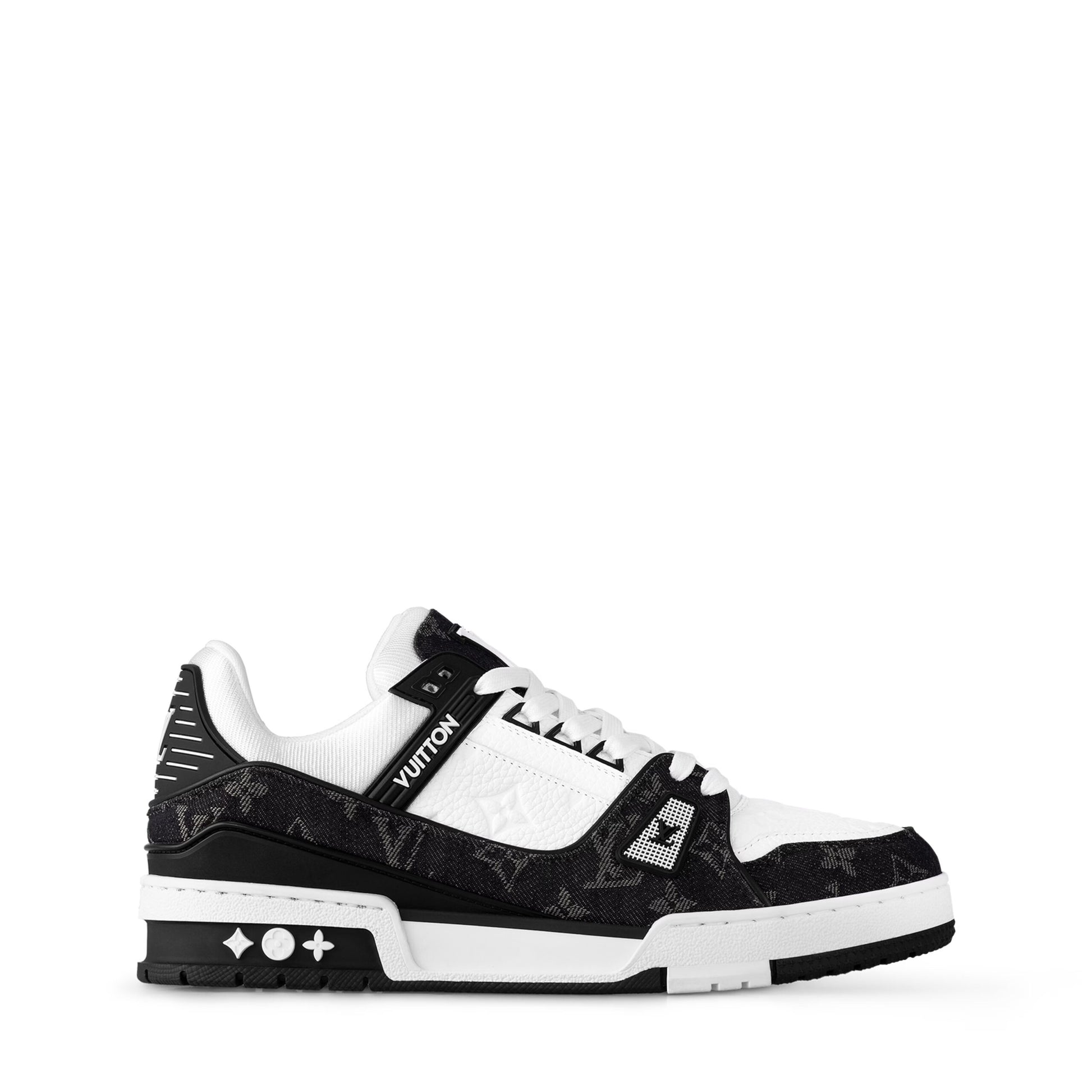 Louis Vuitton LV Trainer Maxi sneaker in black and white monogram denim and leather.