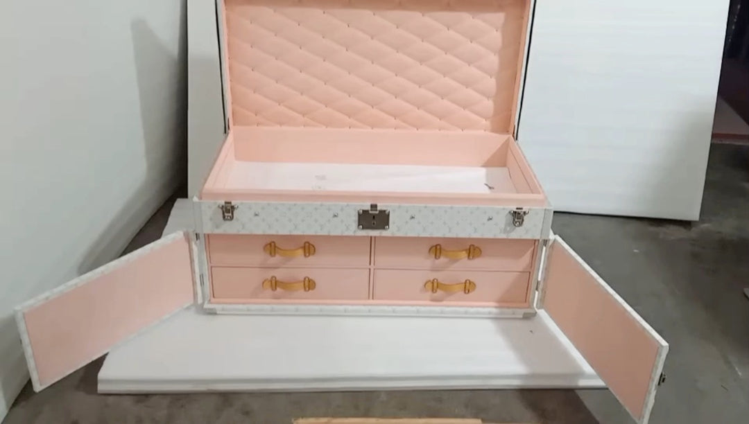 Large White Jewelry Box with Pink Quilted Interior and Drawers
