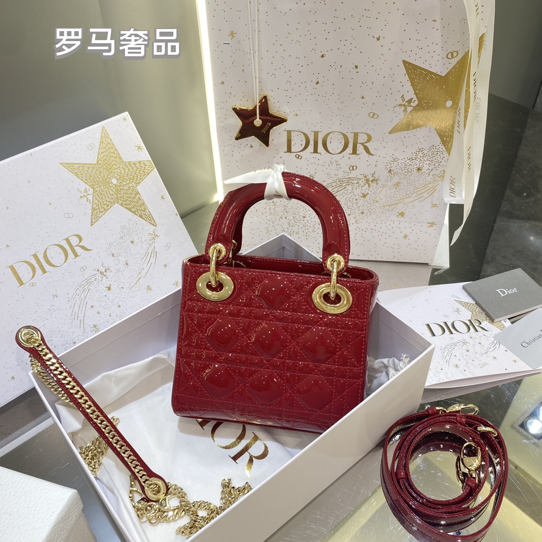 Dior Elegant Red Quilted Patent Leather Mini Top Handle Handbag