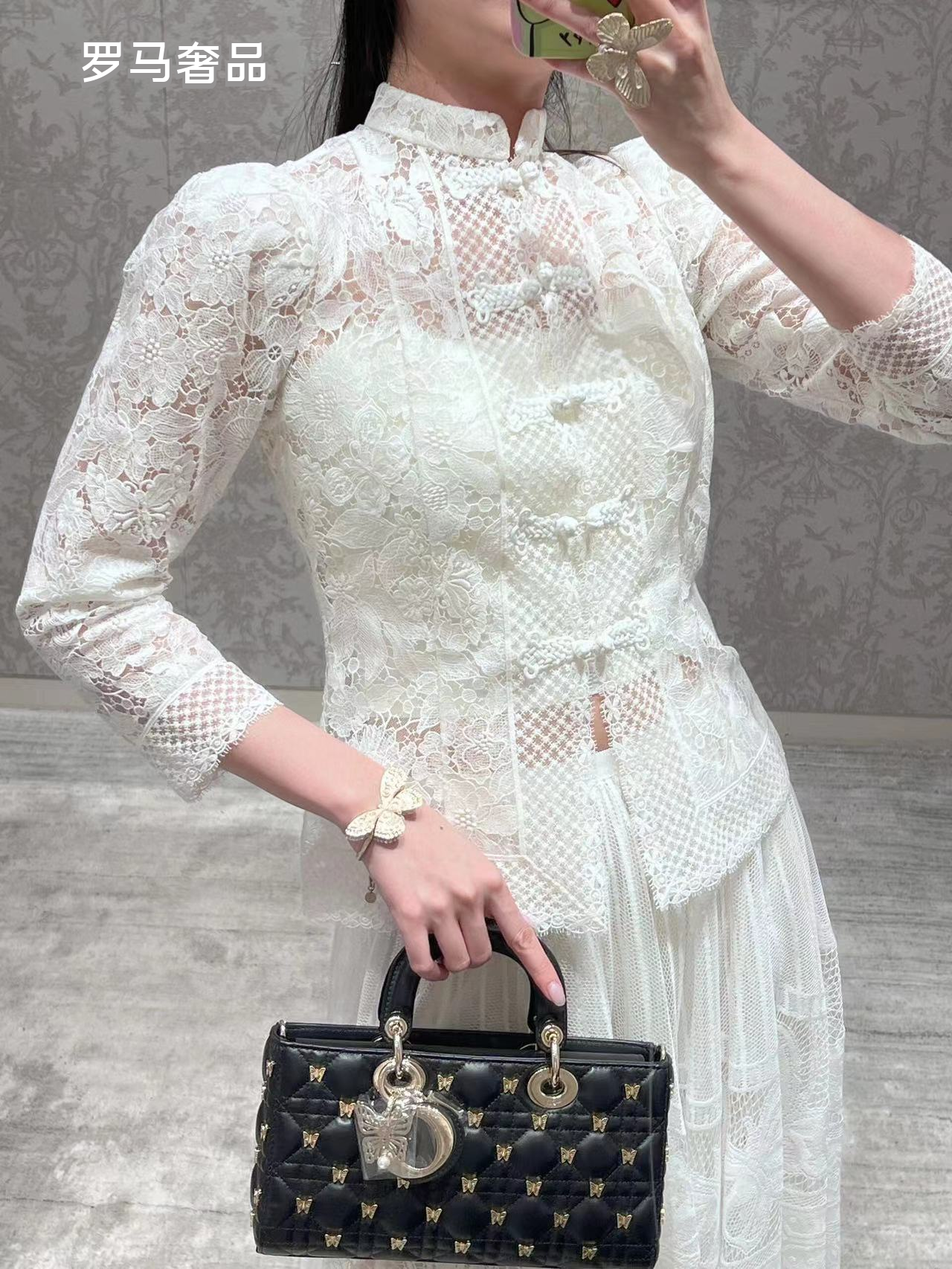 Dior Luxury Black Quilted Leather Top Handle Bag with Gold Butterfly Charm