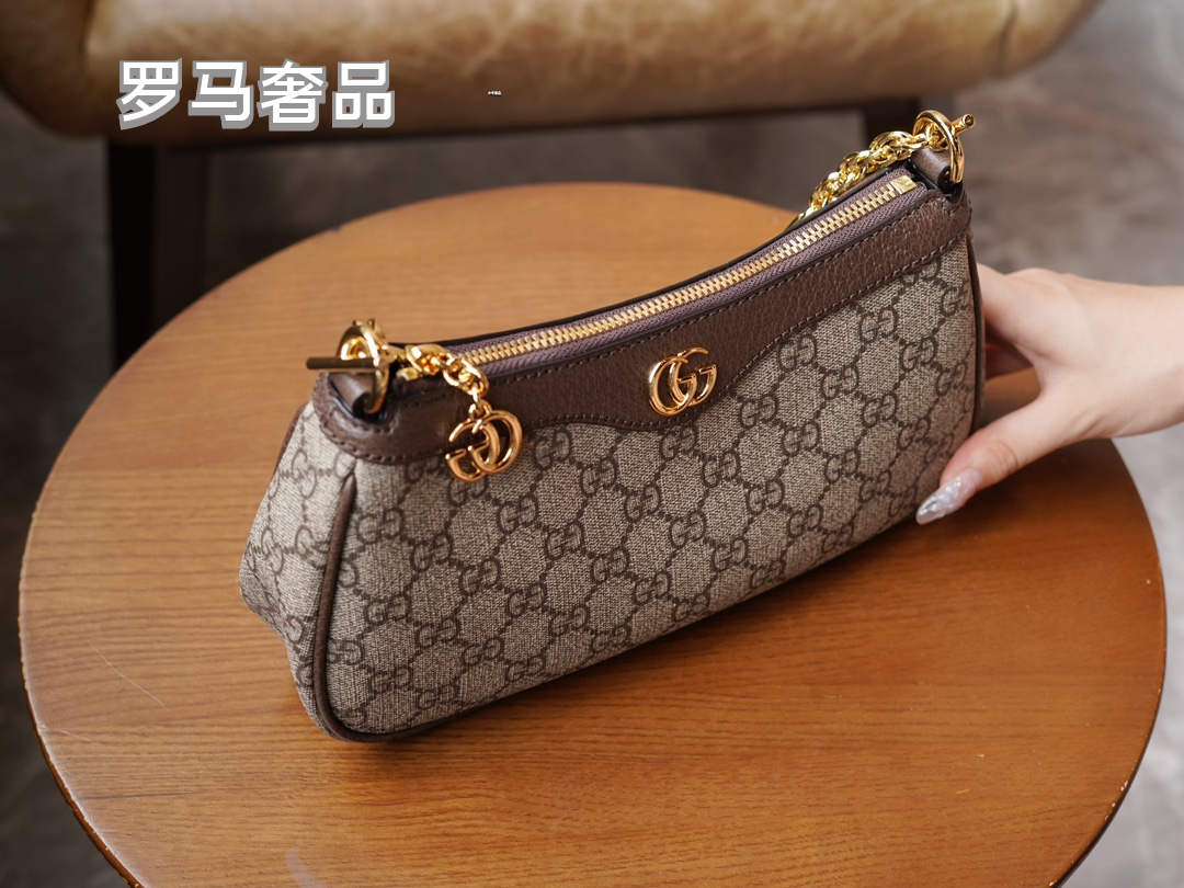 Gucci Vintage Monogram Canvas Shoulder Bag with Gold Chain and Webbing Strap