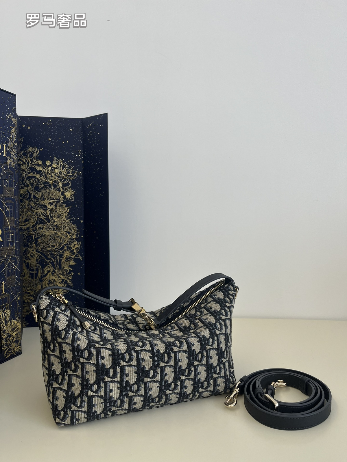 Vintage Inspired Monogram Canvas Shoulder Bag with Adjustable Strap - Navy Blue & Grey