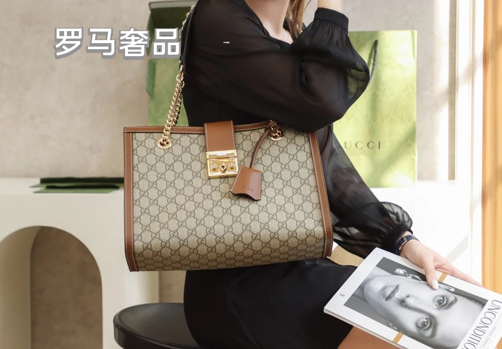 Gucci Vintage Monogram Canvas Shoulder Bag with Gold Chain and Padlock