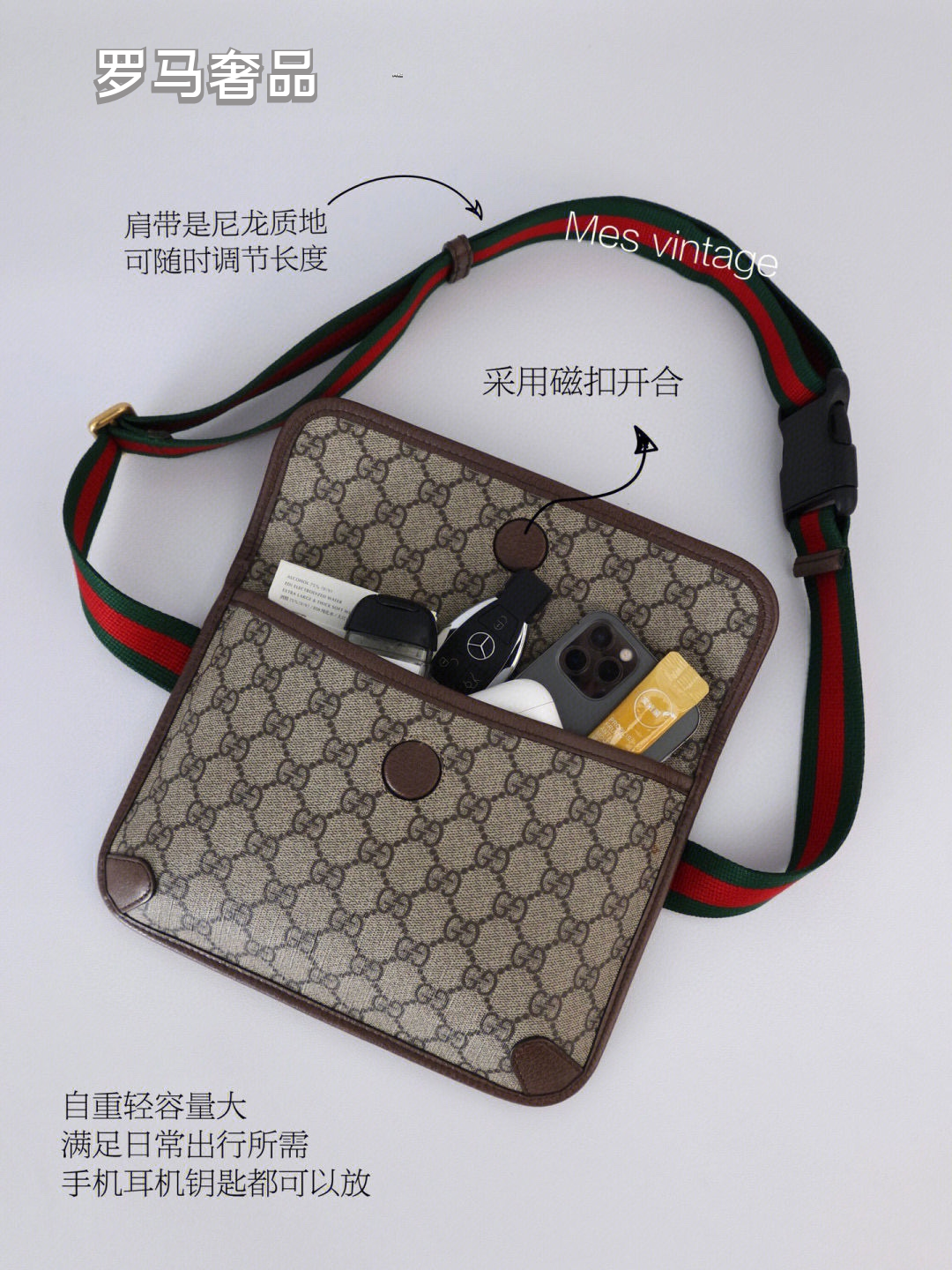 Gucci Classic Monogram Canvas Waist Bag with Striped Webbing Strap